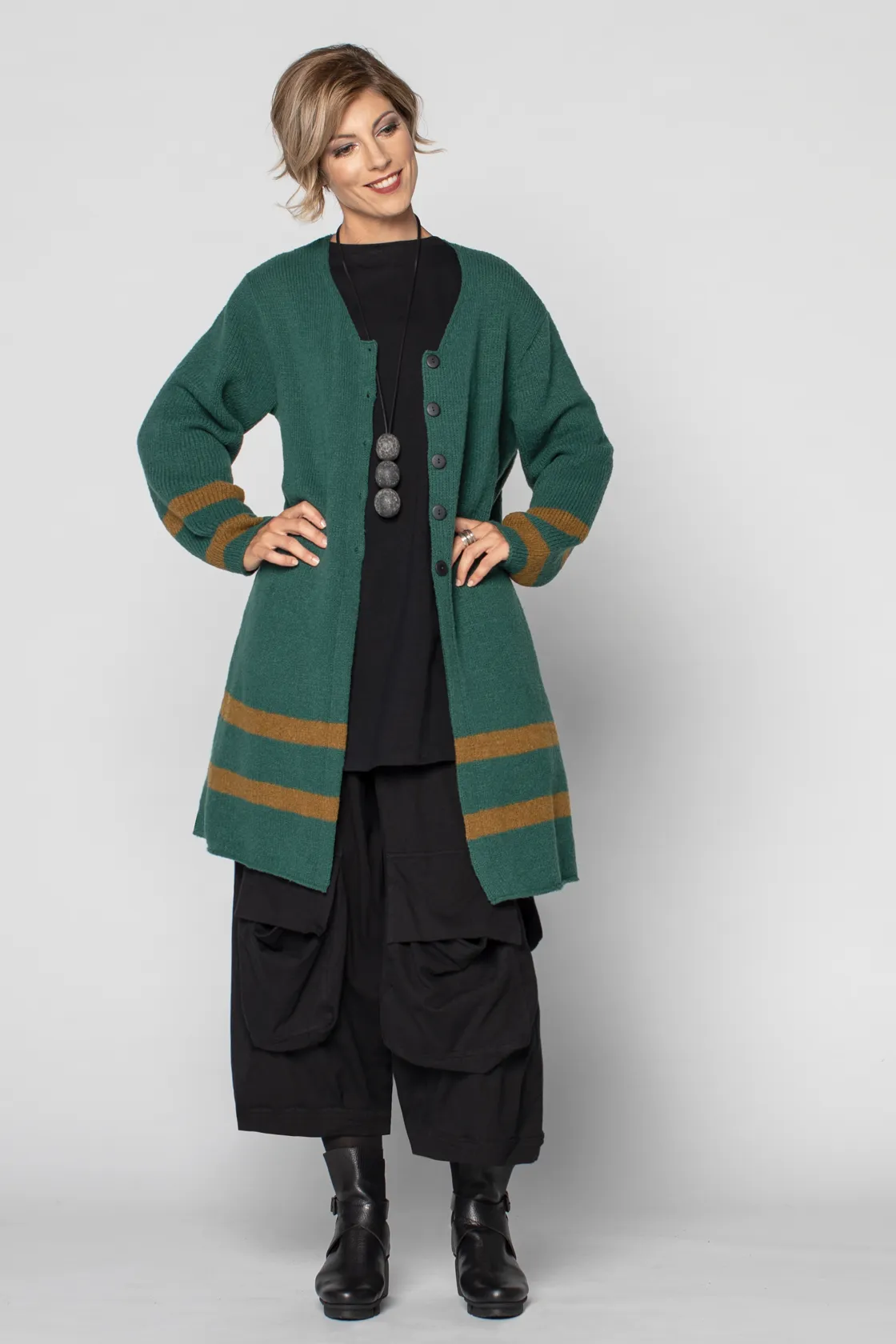 GRIZAS Stripe Cardigan in Ocha/Emerald