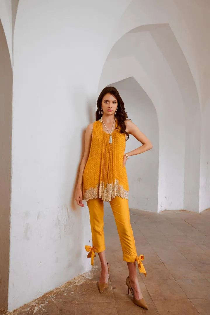 Gulbahar Marigold rose cutdana tunic with bow pant set