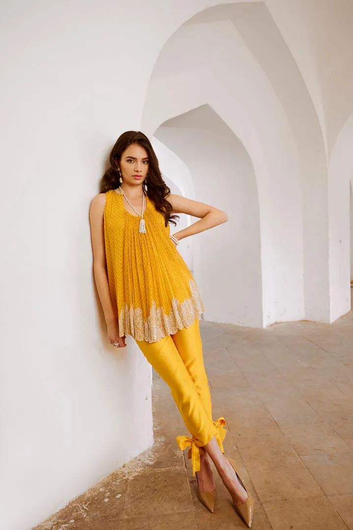 Gulbahar Marigold rose cutdana tunic with bow pant set