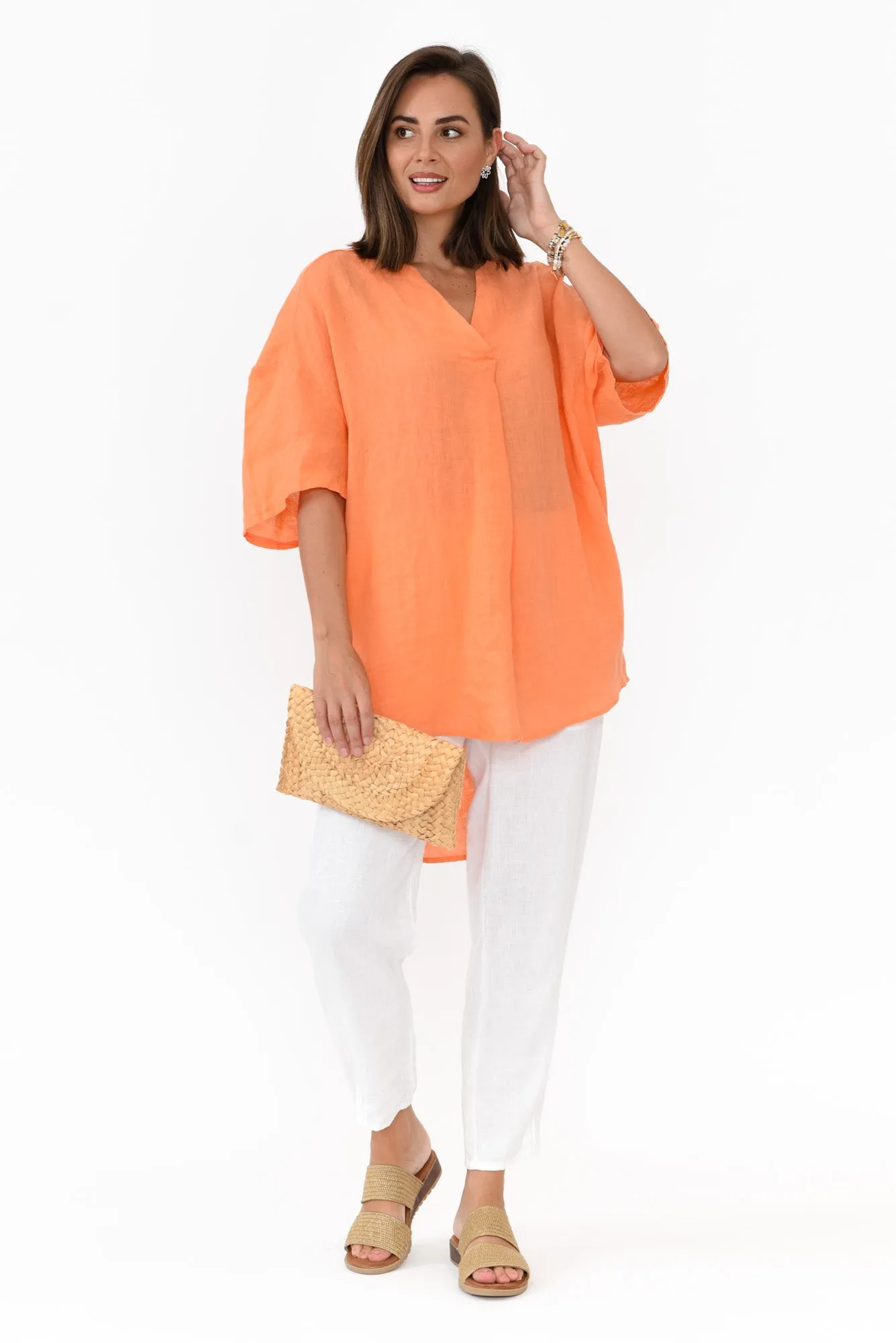 Holland Orange Linen V Neck Tunic