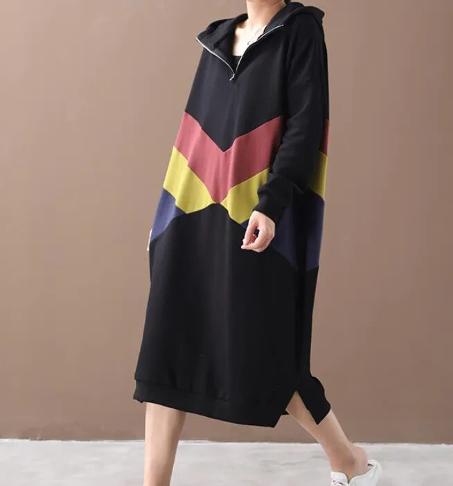 Hooded Patchwork Colors Women Cotton Loose Dresses Long Sleeve Women Dress YM9201229