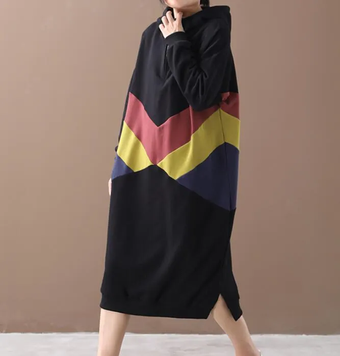 Hooded Patchwork Colors Women Cotton Loose Dresses Long Sleeve Women Dress YM9201229