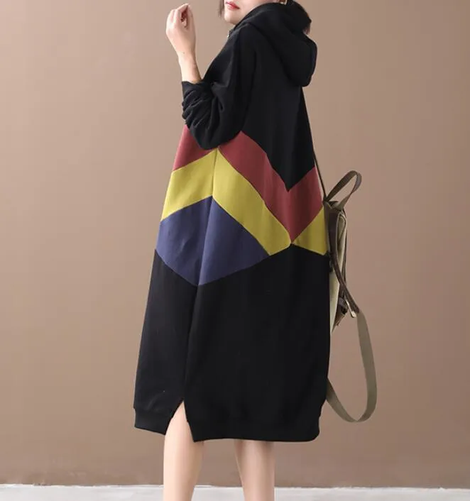 Hooded Patchwork Colors Women Cotton Loose Dresses Long Sleeve Women Dress YM9201229