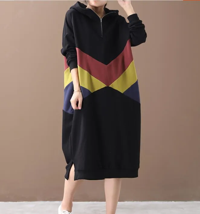 Hooded Patchwork Colors Women Cotton Loose Dresses Long Sleeve Women Dress YM9201229