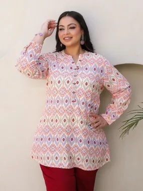 Jashvi Ivory Geometric Printed A-Line Rayon Plus Size Tunic