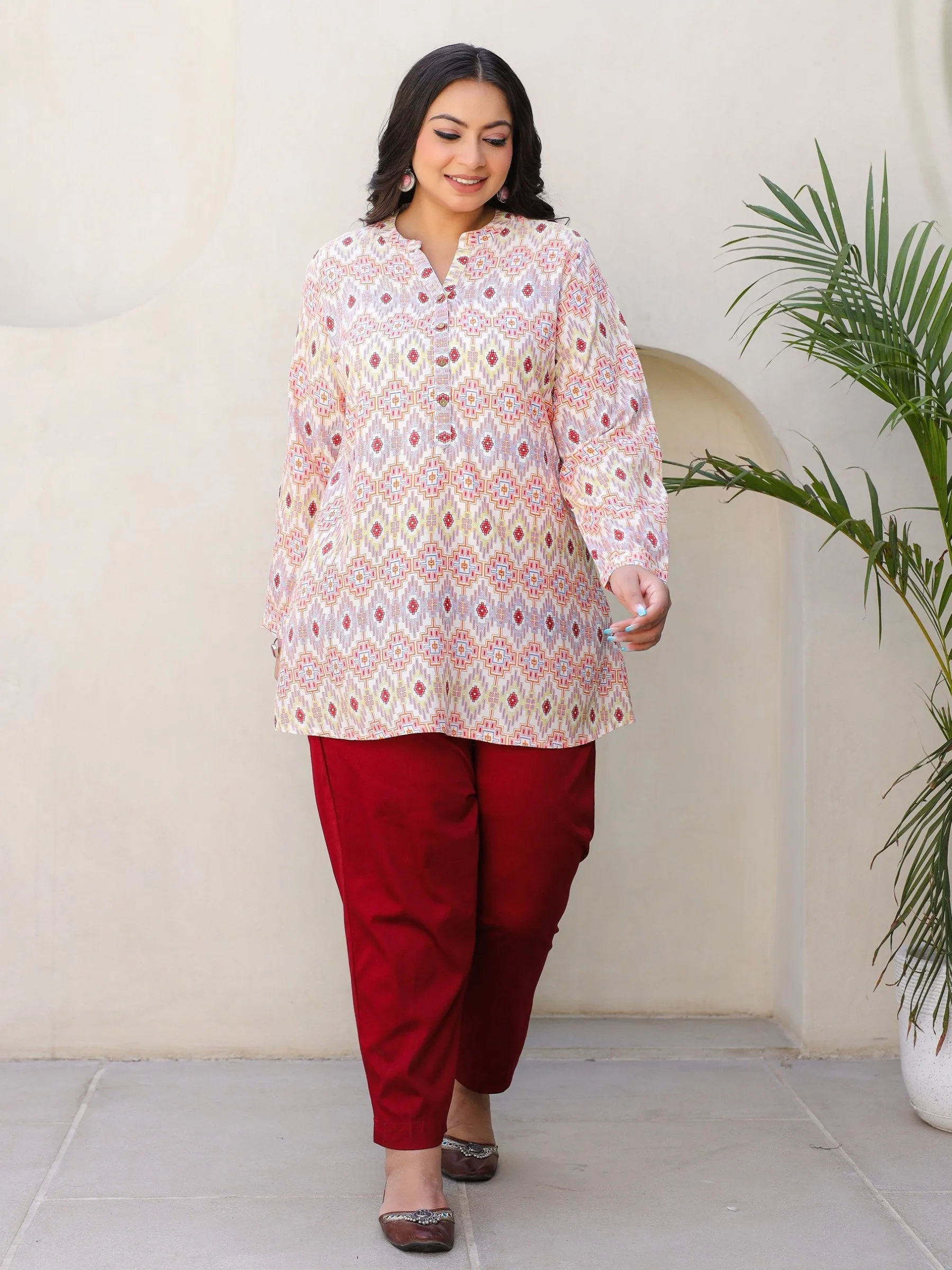 Jashvi Ivory Geometric Printed A-Line Rayon Plus Size Tunic