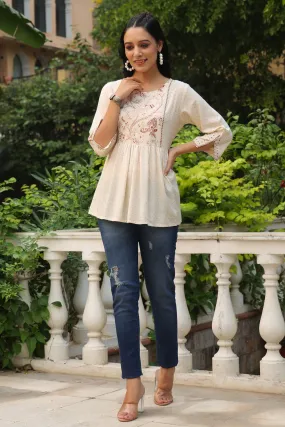 Jashvi Ivory Polka Printed Peplum Rayon Slub Tunic.