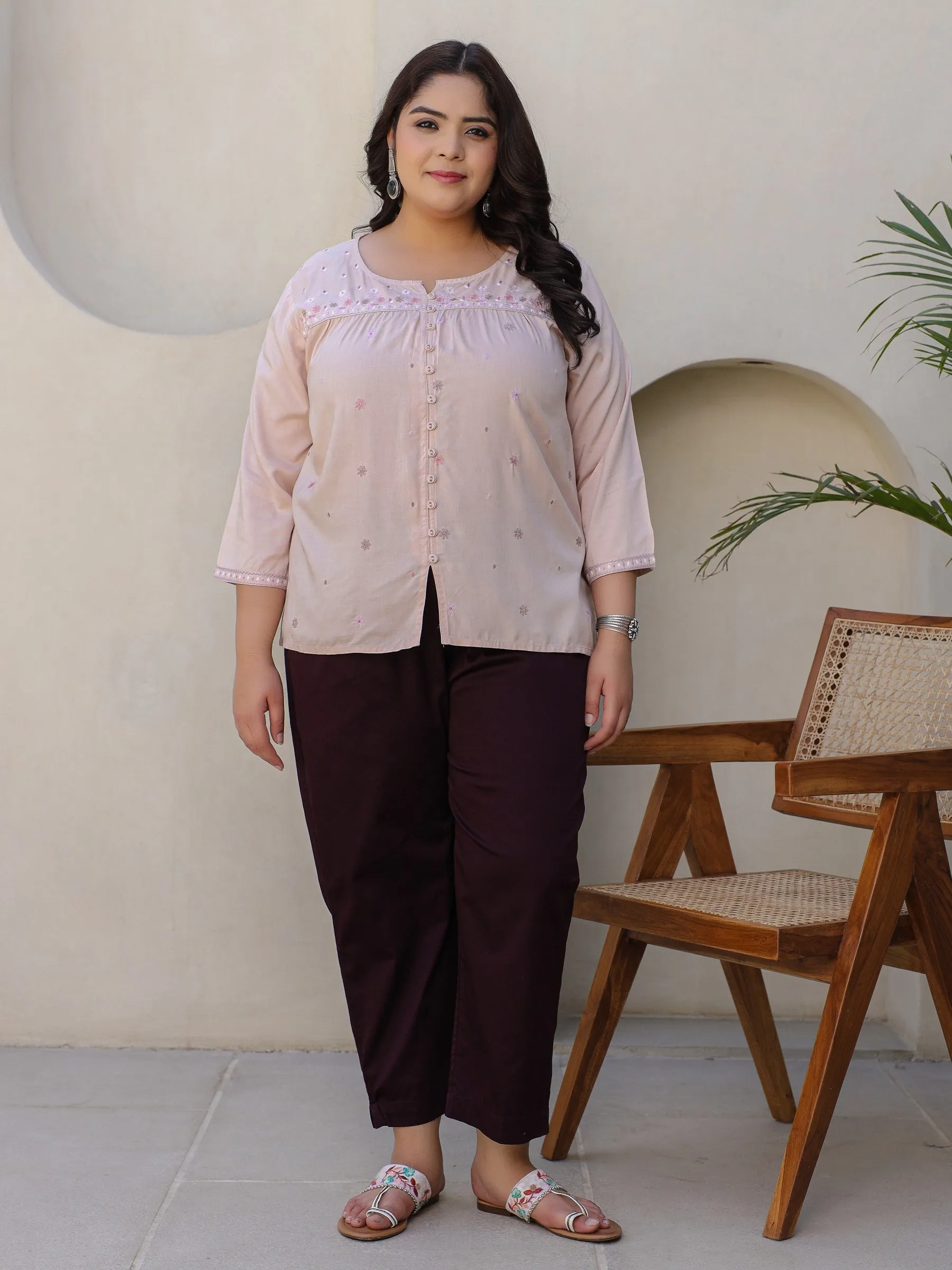 Jashvi Nude Gathered Rayon Plus Size Tunic With Thread Embroidery