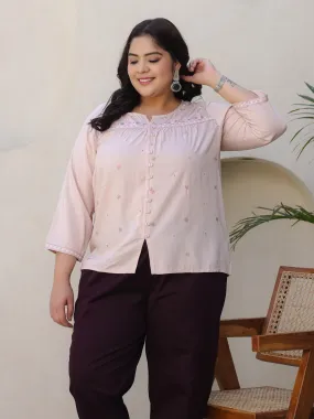 Jashvi Nude Gathered Rayon Plus Size Tunic With Thread Embroidery