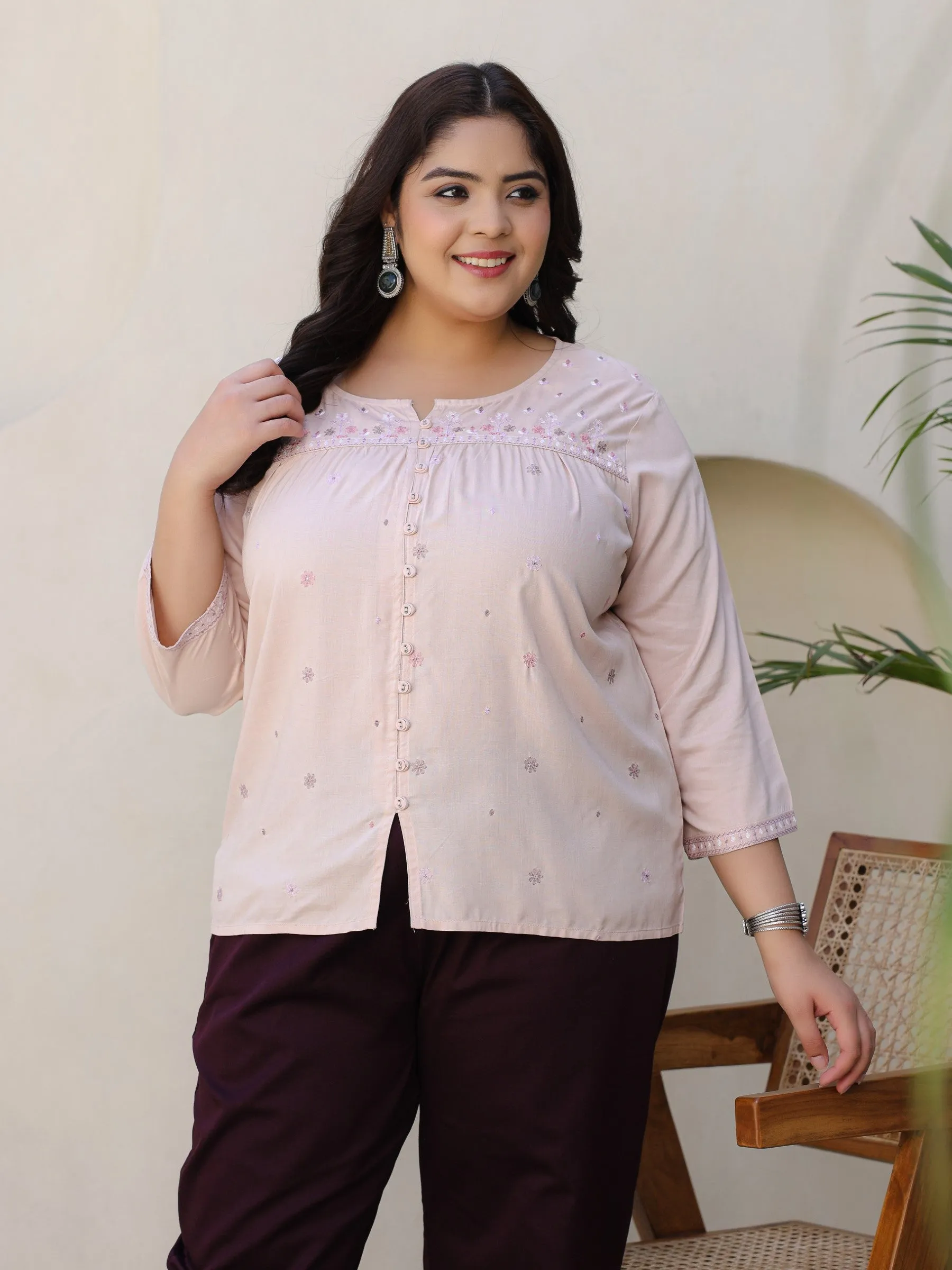 Jashvi Nude Gathered Rayon Plus Size Tunic With Thread Embroidery