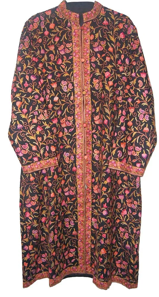 Kashmiri Woolen Coat Black, Multicolor Embroidery #AO-1222