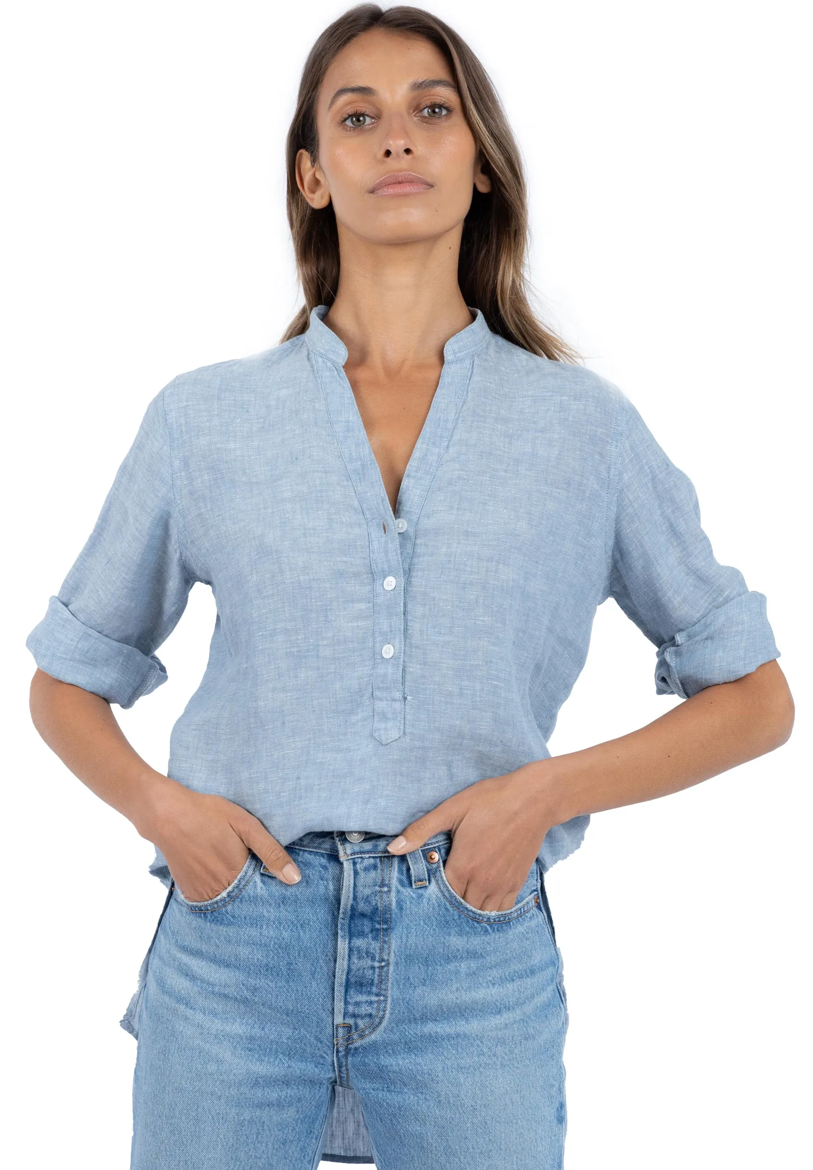 Kim, Blue Melange Pop-Over Linen Tunic Shirt