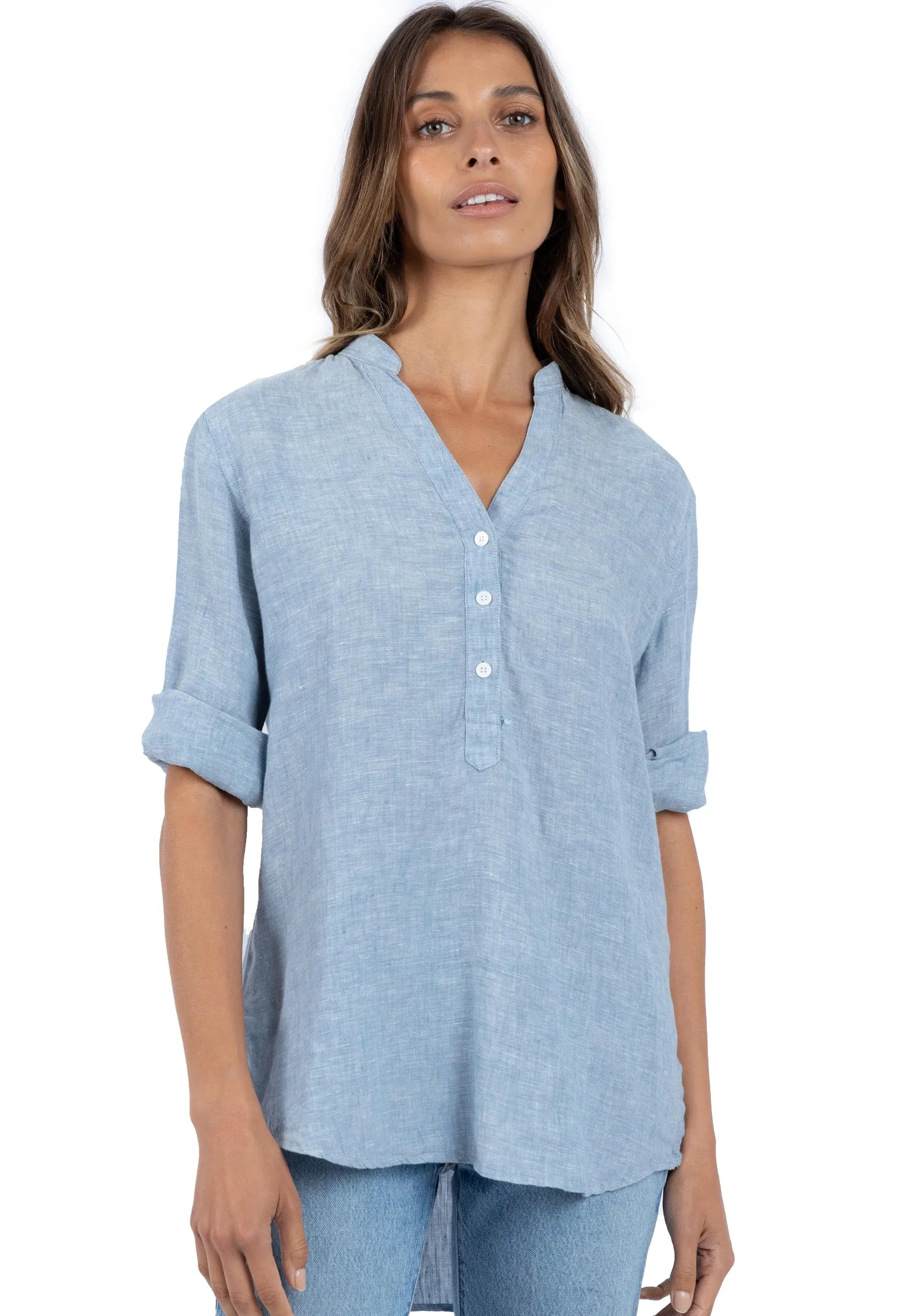 Kim, Blue Melange Pop-Over Linen Tunic Shirt