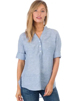 Kim, Blue Melange Pop-Over Linen Tunic Shirt