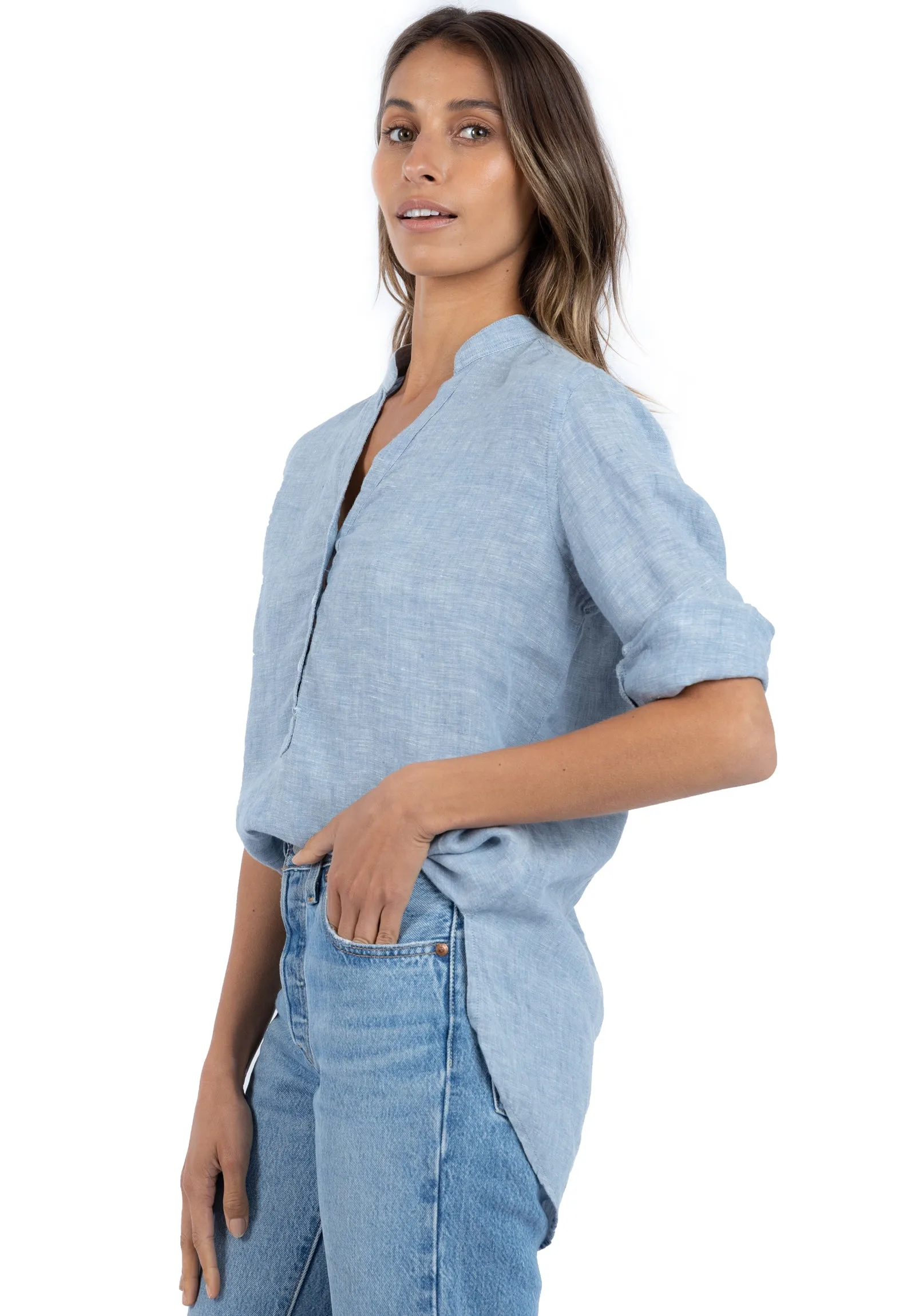 Kim, Blue Melange Pop-Over Linen Tunic Shirt