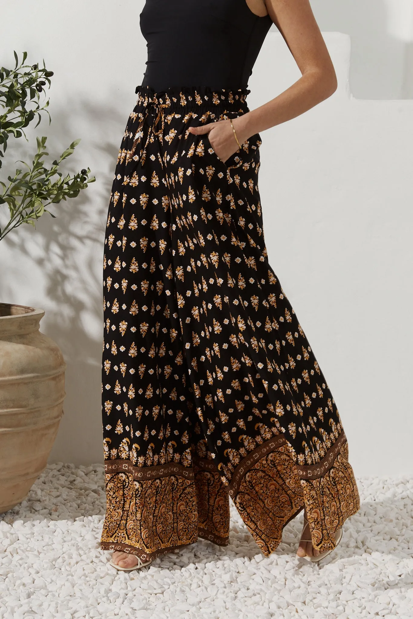 Leila Black Boho Wide Leg Pants