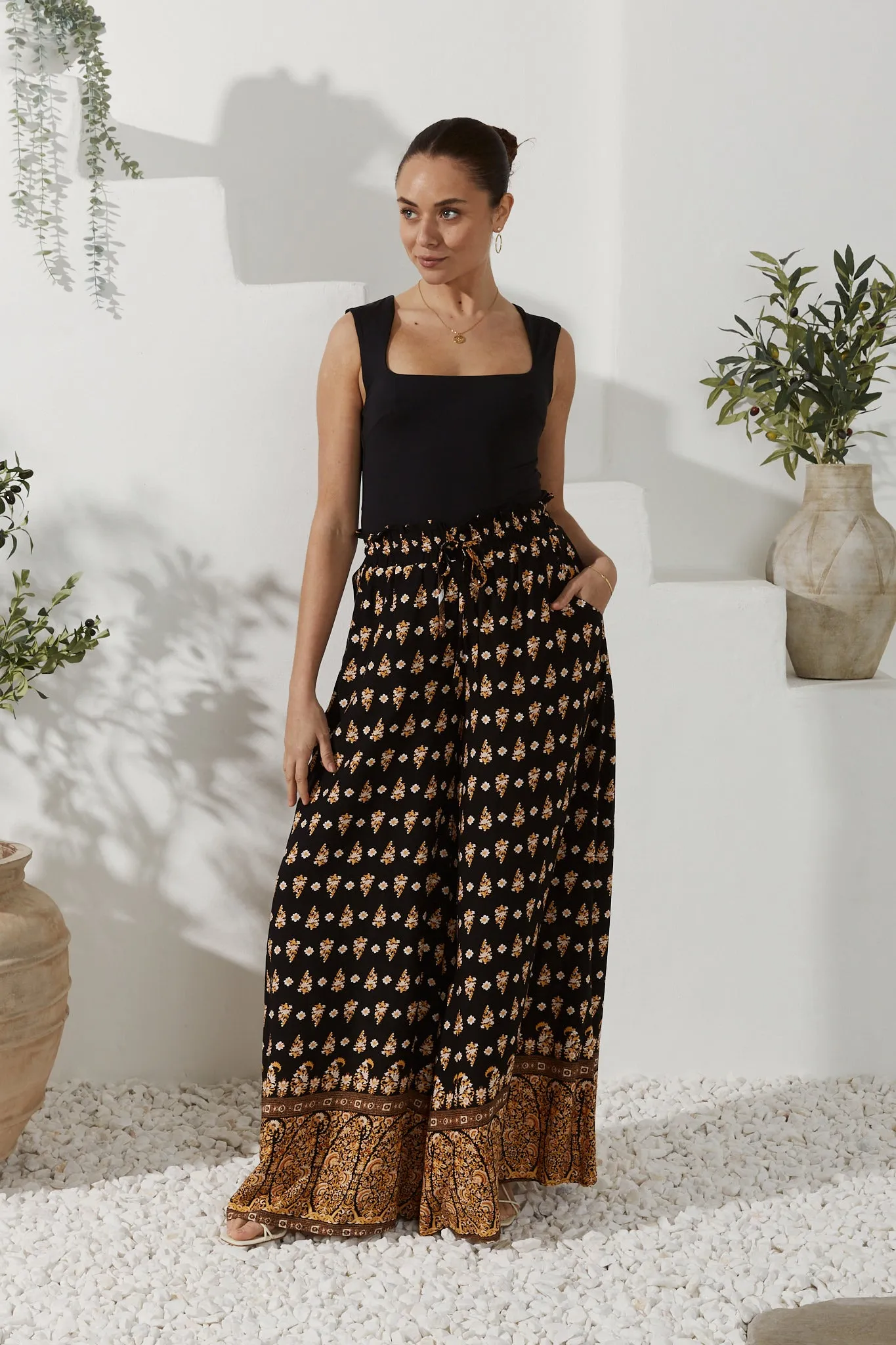 Leila Black Boho Wide Leg Pants