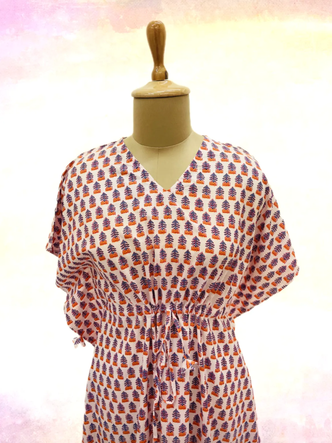 Light Pink & Orange Floral Print Kaftan