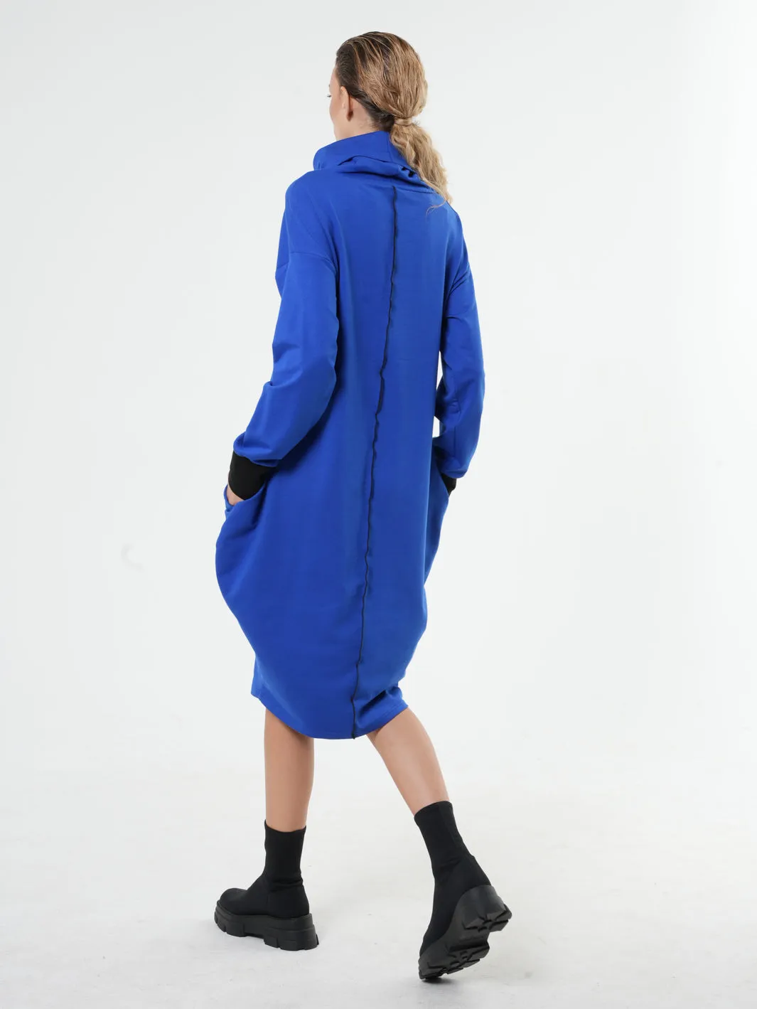 Long Sleeve Cotton Dress With Turtleneck in Blue