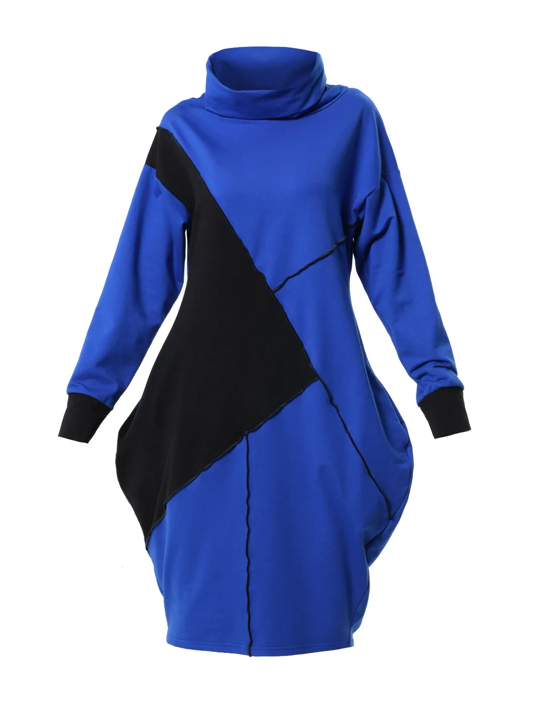 Long Sleeve Cotton Dress With Turtleneck in Blue