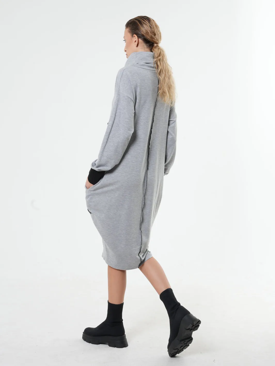 Long Sleeve Cotton Dress With Turtleneck In Gray