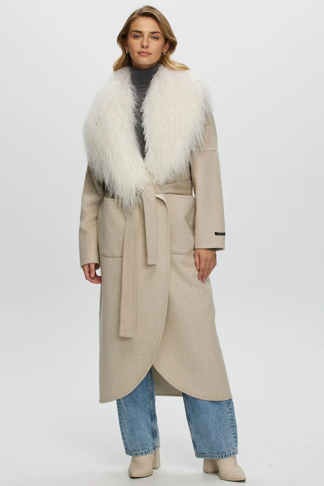 Loro Piana Cashmere & Wool Coat with Select Mongolian Shearling Lamb Collar, Belt