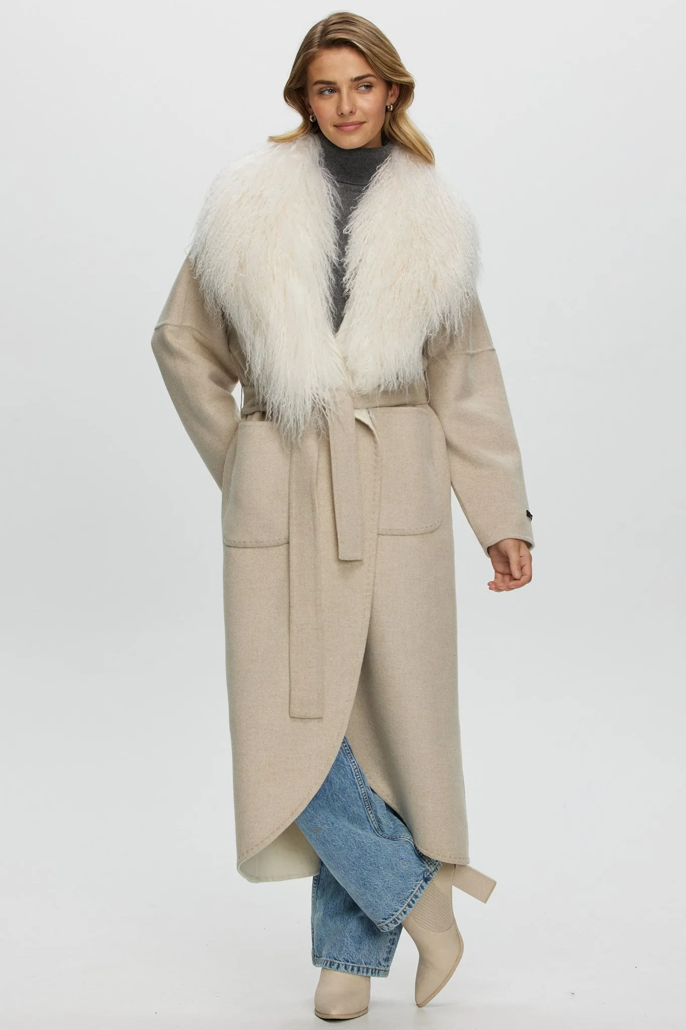 Loro Piana Cashmere & Wool Coat with Select Mongolian Shearling Lamb Collar, Belt