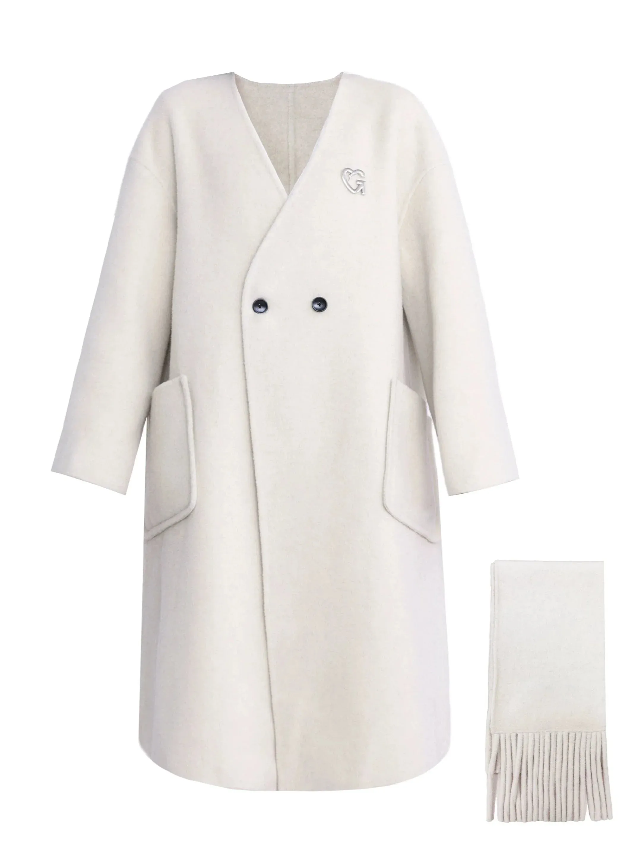 Luxe Double-Breasted Wool Coat Set: Oversized Longline Jacket with Matching Fringed Scarf