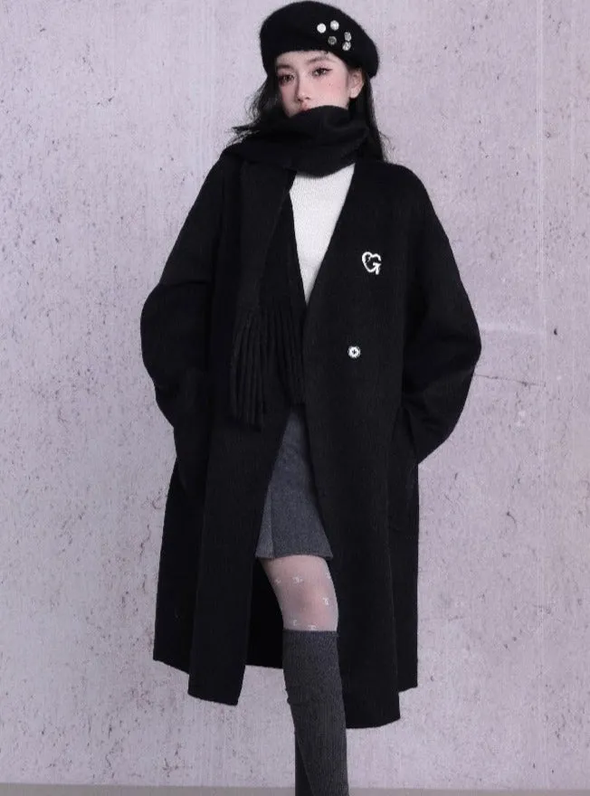 Luxe Double-Breasted Wool Coat Set: Oversized Longline Jacket with Matching Fringed Scarf