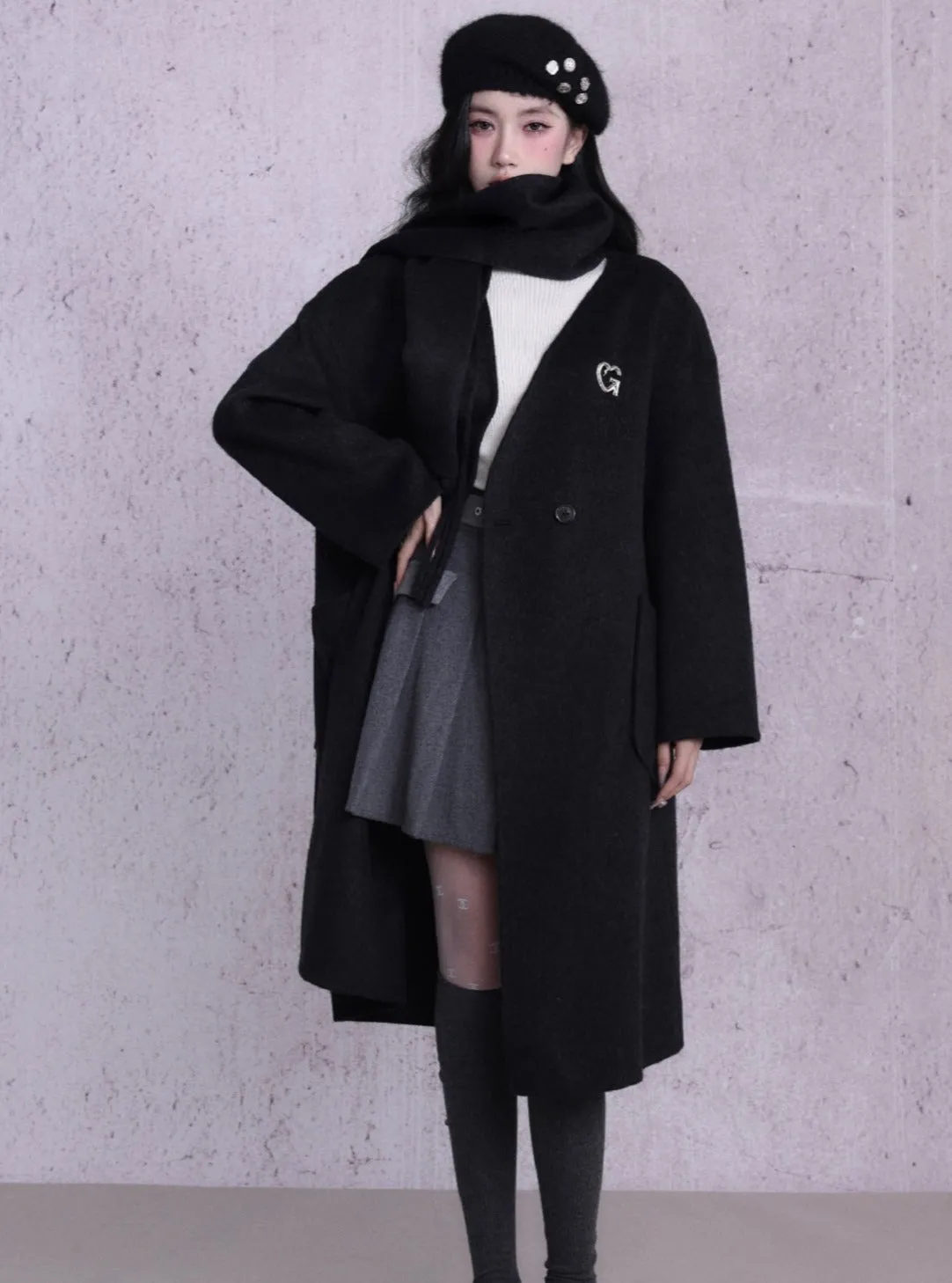 Luxe Double-Breasted Wool Coat Set: Oversized Longline Jacket with Matching Fringed Scarf