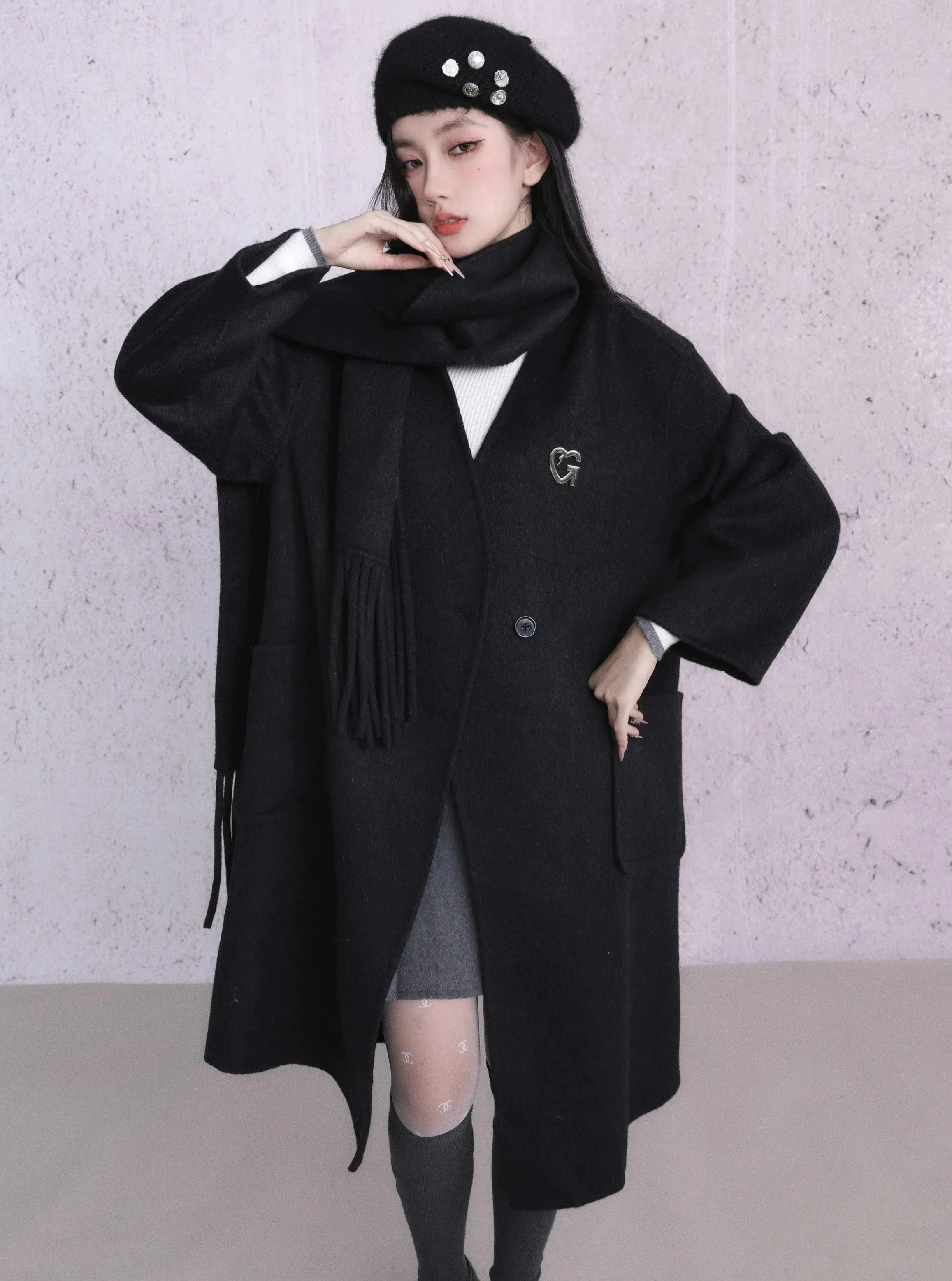 Luxe Double-Breasted Wool Coat Set: Oversized Longline Jacket with Matching Fringed Scarf