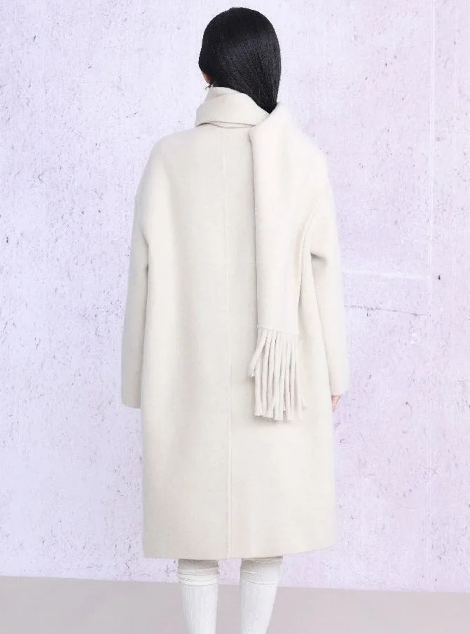 Luxe Double-Breasted Wool Coat Set: Oversized Longline Jacket with Matching Fringed Scarf