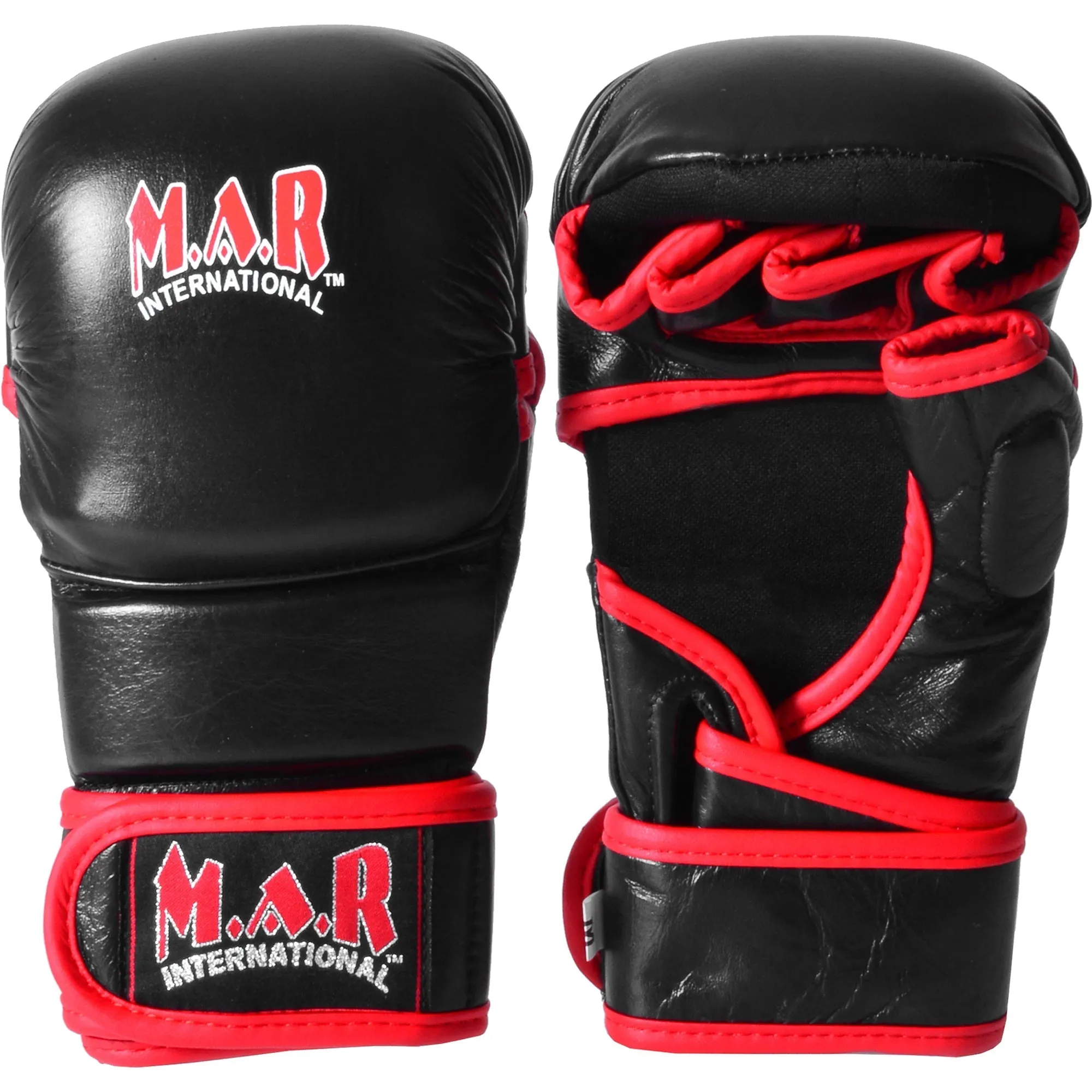 MAR-233B | Genuine Leather Black MMA Gloves w/ Red Piping