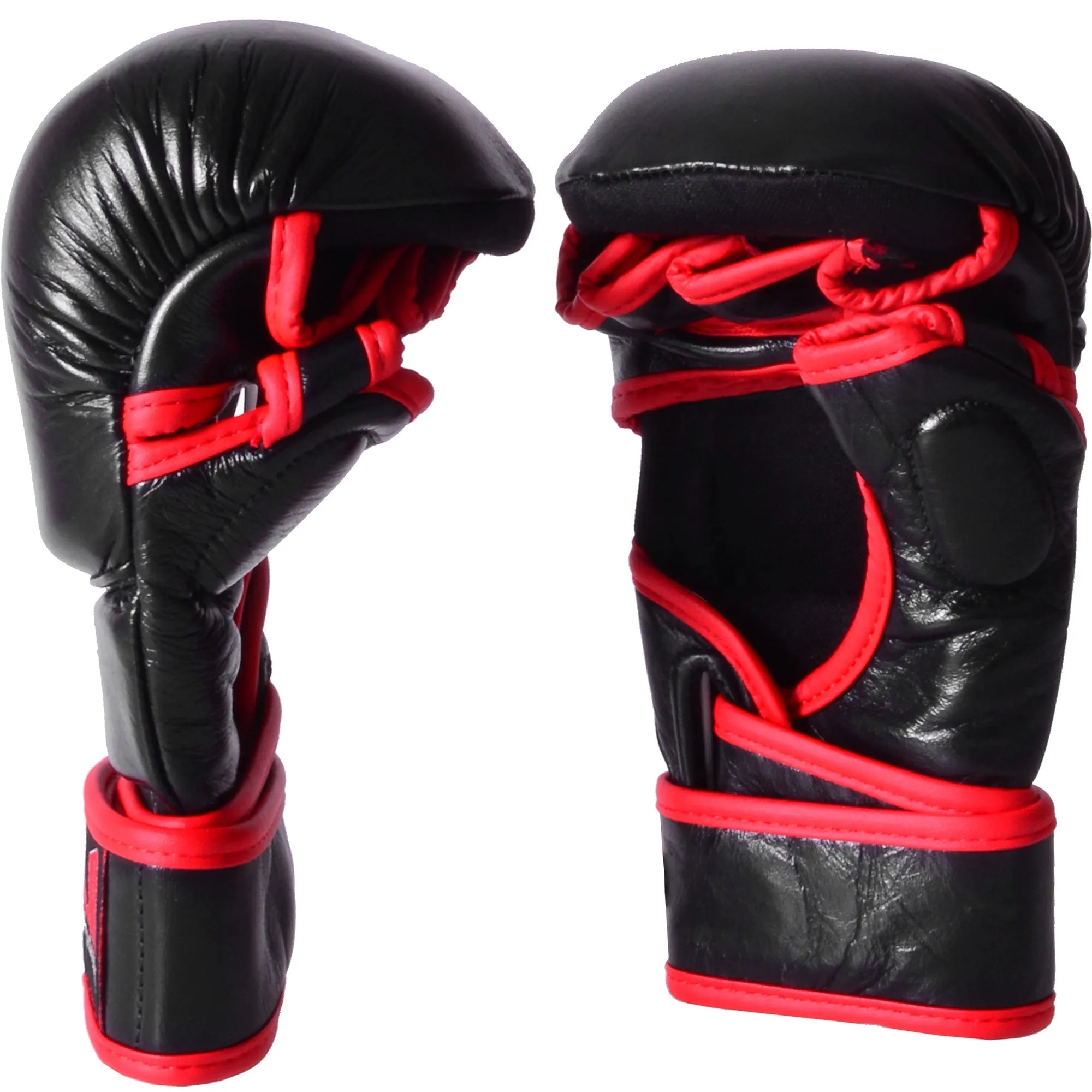 MAR-233B | Genuine Leather Black MMA Gloves w/ Red Piping