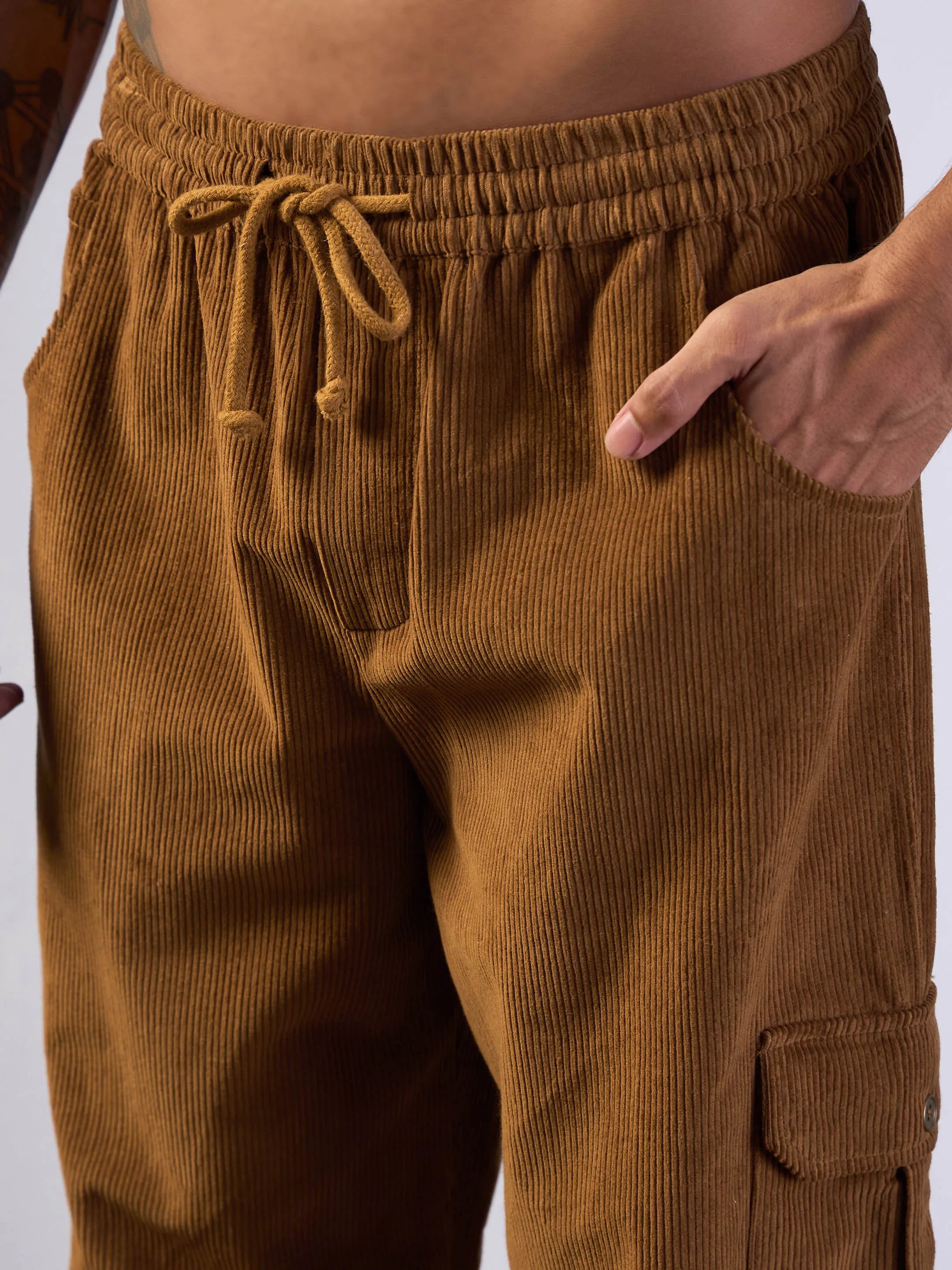 Men Brown Corduroy Side Pocket Cargo Pants