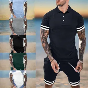 Men Striped Print Hem Polo Shirt & Side Pocket Drawstring Shorts Set