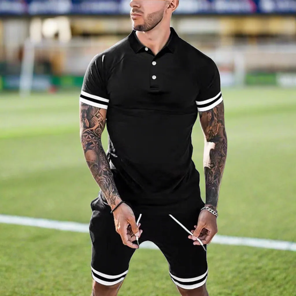 Men Striped Print Hem Polo Shirt & Side Pocket Drawstring Shorts Set