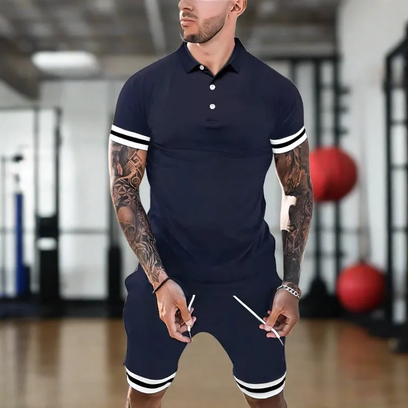 Men Striped Print Hem Polo Shirt & Side Pocket Drawstring Shorts Set