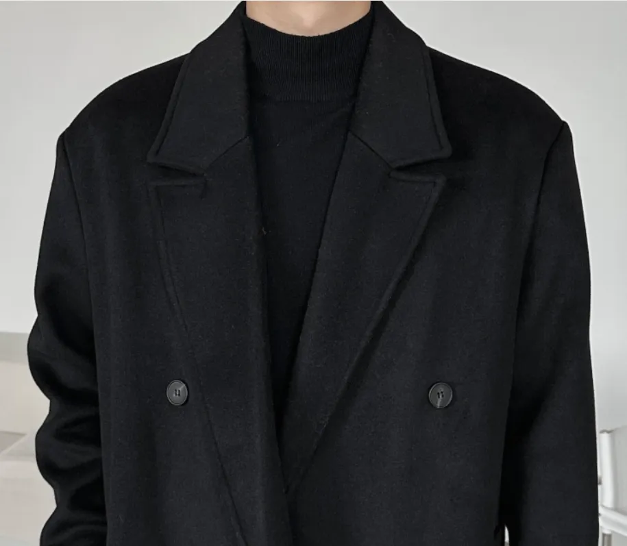 Mens Rose-And-Rose Premium Wool Blend Double Long Coat Black ROSE052 BLK