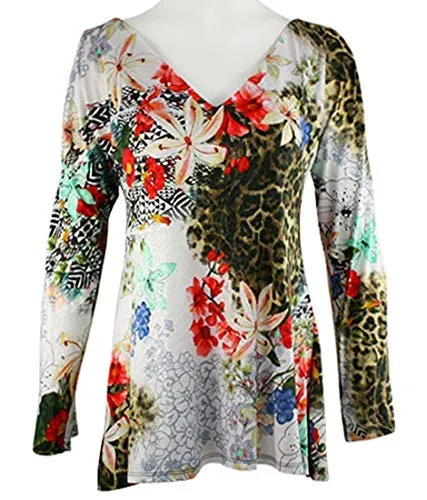 Mesmerize - Flowered Animal, Long Sleeve, Open Shoulder V-Neck Fancy Womens Top