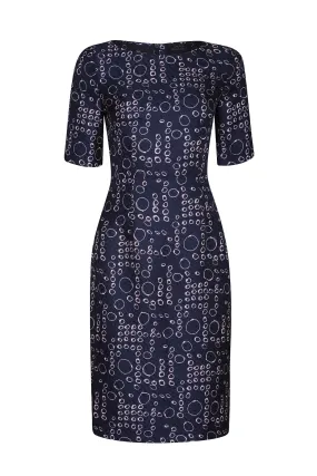 Navy and Pale Pink Printed Silk Shift Dress with Boat Neck and Elbow Length Sleeves - Angie