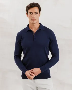 Navy Knit Polo with Check Accents