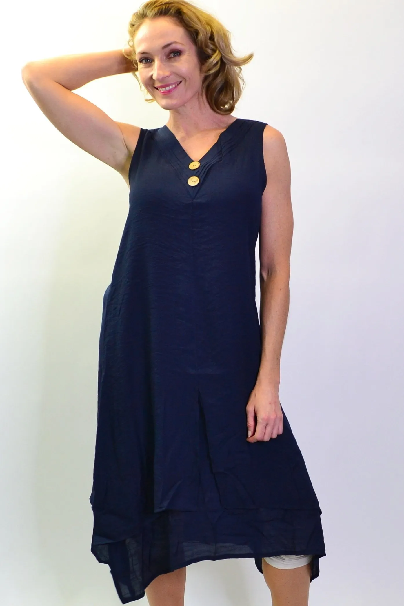 Navy Sleeveless Coconut Button Tunic Dress