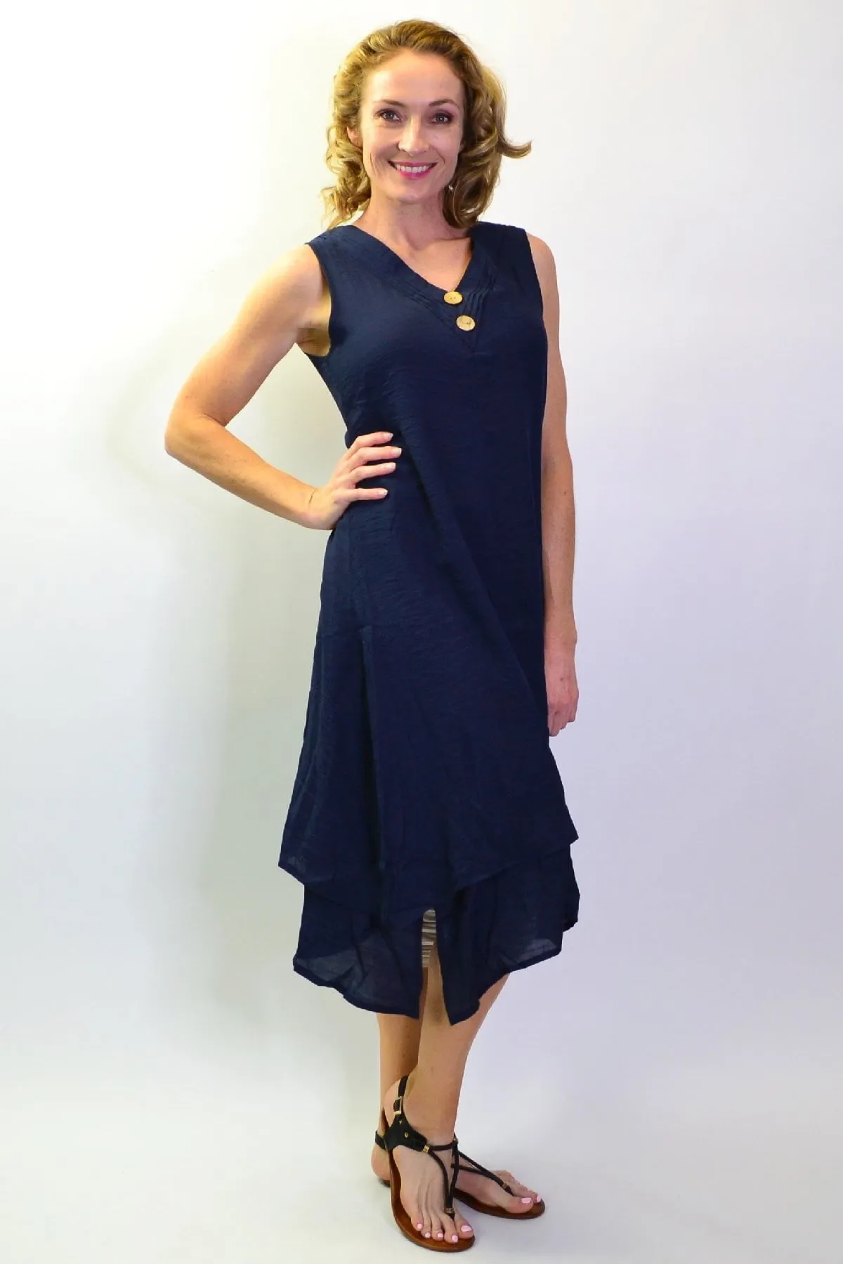 Navy Sleeveless Coconut Button Tunic Dress