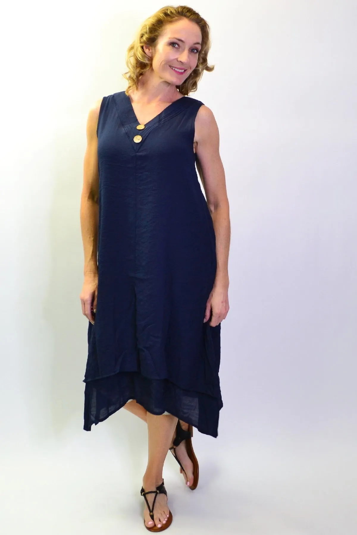 Navy Sleeveless Coconut Button Tunic Dress