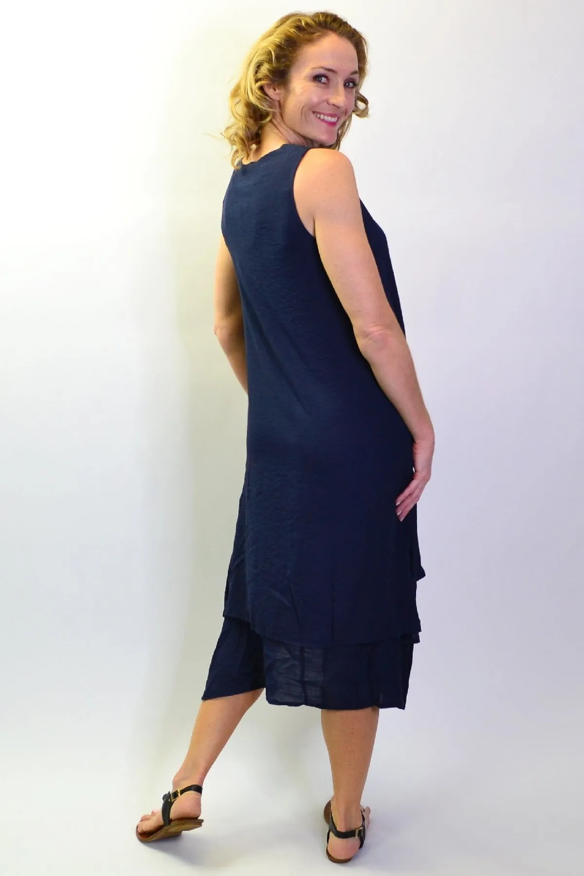 Navy Sleeveless Coconut Button Tunic Dress