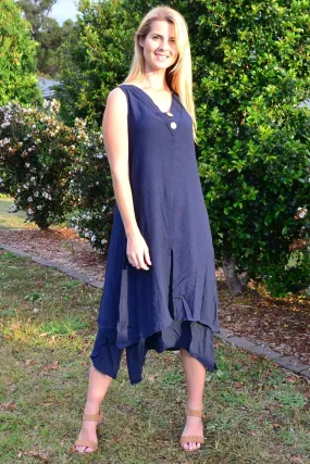 Navy Sleeveless Coconut Button Tunic Dress