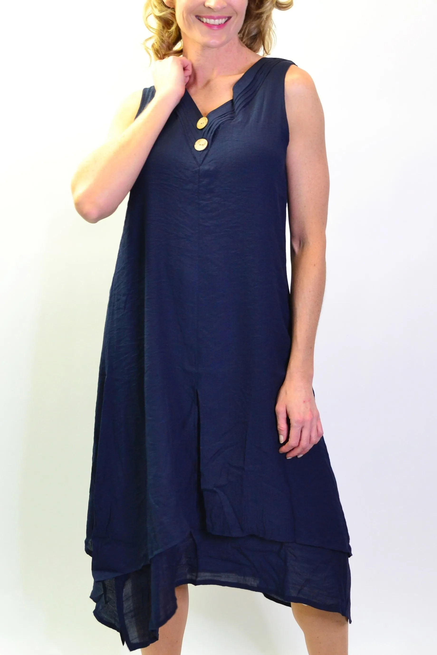 Navy Sleeveless Coconut Button Tunic Dress