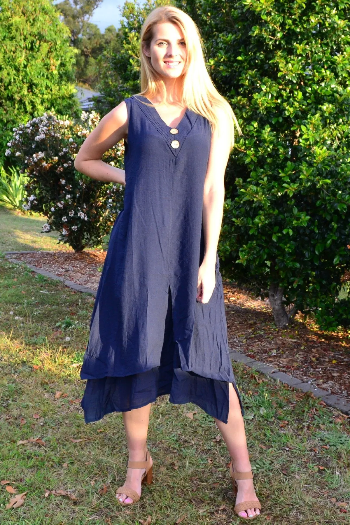 Navy Sleeveless Coconut Button Tunic Dress