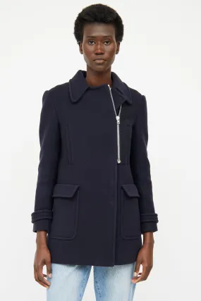 Navy Wool Pleated Pea Coat